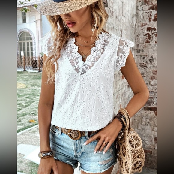 White eyelet Floral Sheer Lace Back Tie Top Blouse Shirt Boho - Picture 7 of 7